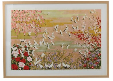 Japanese Sogara Yuzen Textile Print of Cranes and Cherry Blossoms