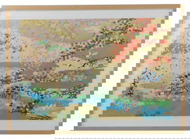 Japanese Sogara Yuzen Textile Print of Four-Seasons Landscape