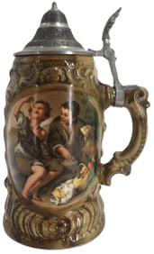 Vintage German Tin Top Hand Painted Ceramic Beer Stein