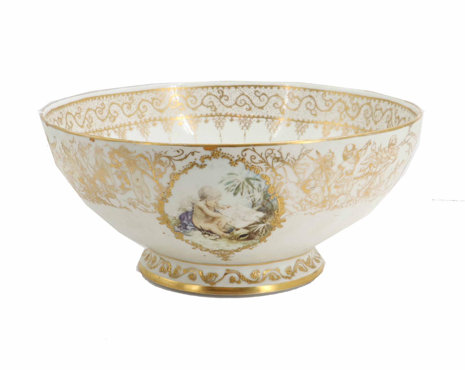 Limoges Jean Pouyat Hand Painted Porcelain Giant Punch Bowl: Limoges Jean Pouyat Hand Painted Porcelain Giant Punch Bowl. Limoges porcelain waste bowl (or tea bowl) produced by the Jean Pouyat (JP/L) factory in France, featuring a hand-painted central medallion
