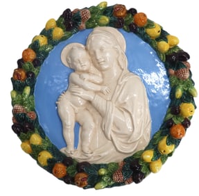 Italian Della Robbia Style Madonna and Child Glazed Pottery Plaque