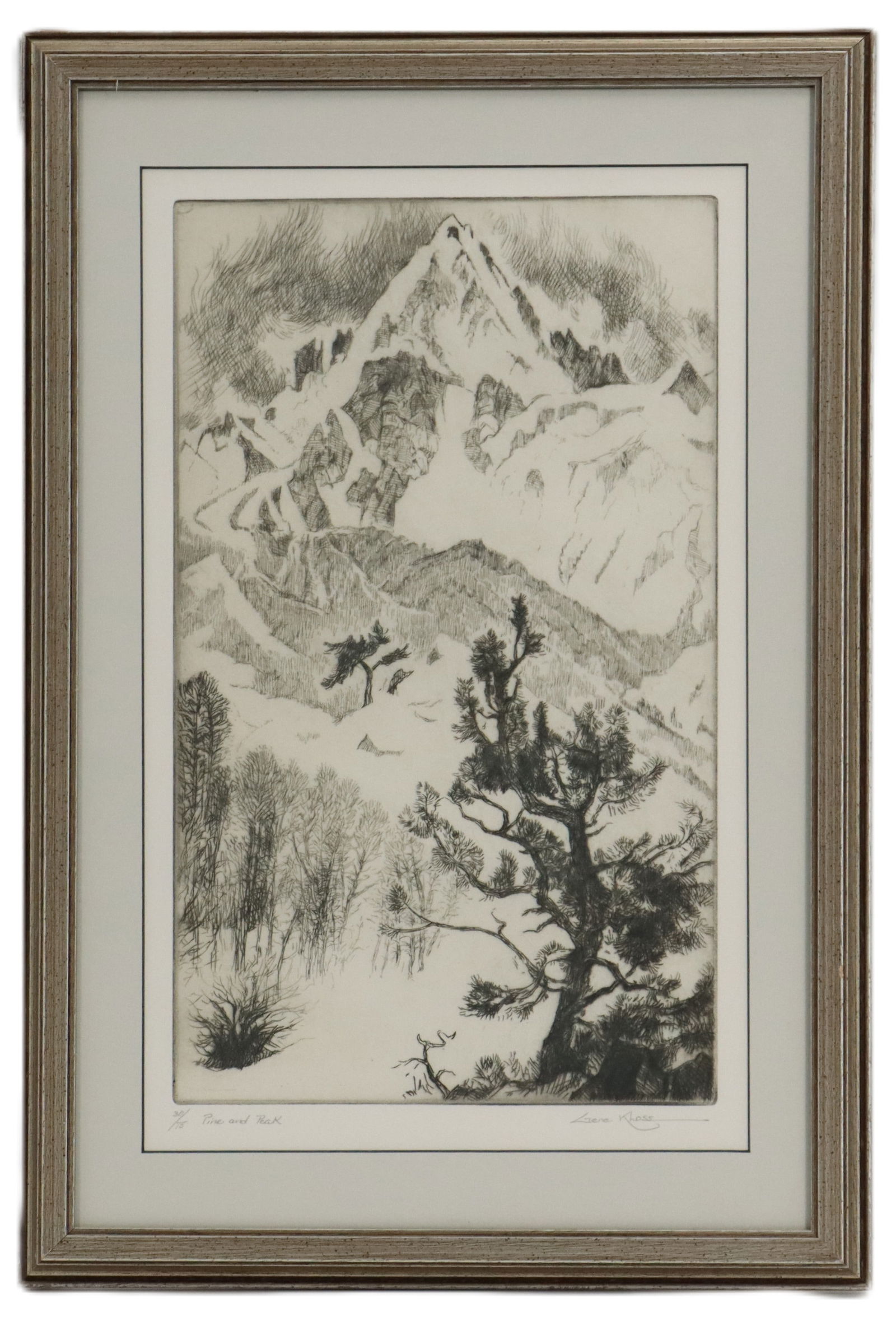 Gene Kloss (1903-1996) American, 1981 Etching, "Pine and Peak": Gene Kloss (1903-1996) American, 1981 Etching, "Pine and Peak". Signed, titled, and numbered in pencil. #30 in an edition of 75. Overall Size: 21 x 14 in. Sight Size: 14 3/