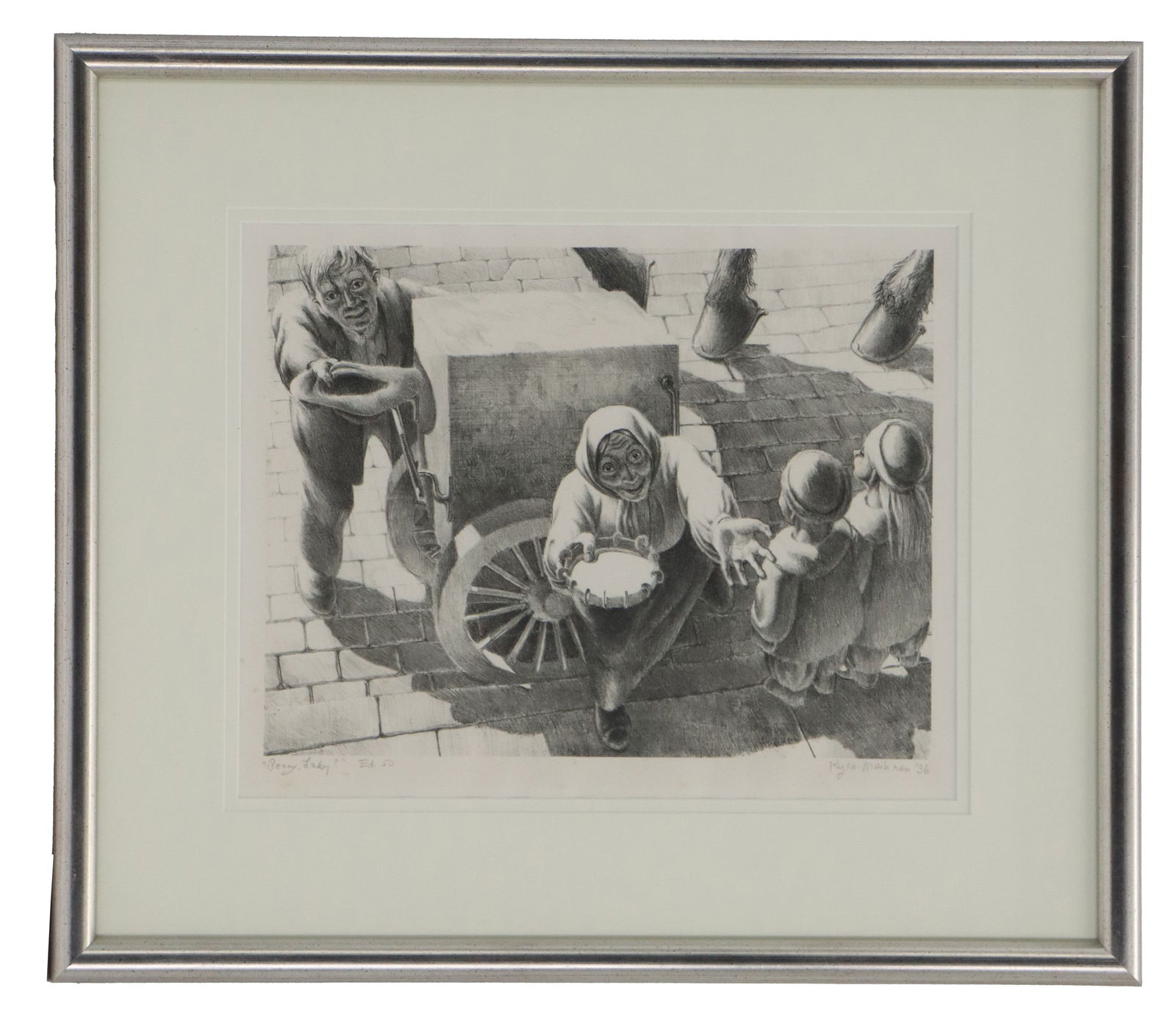 Kyra Markham (1891-1967) American, 1936 Lithograph, "Penny Lady?": Kyra Markham (1891-1967) American, 1936 Lithograph, "Penny Lady?". Signed and dated in pencil. Titled and inscribed "Ed. 50" in pencil. Overall Size: 18 1/4 x 20 3/4 in