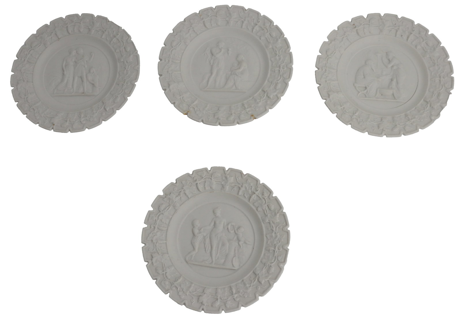 Set of (4) Royal Copenhagen "The Four Seasons" Bisque Porcelain Plaques: Set of (4) Royal Copenhagen "The Four Seasons" Bisque Porcelain Plaques. Known as the "Four Seasons Wall Plaques" and based on reliefs by Danish sculptor Bertel Thorvaldsen, they depict allegorical sc