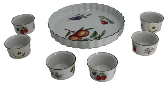 (1) Royal Worcester Porcelain Cotswold Fruit Pattern Tart Pan and (6) Custard Cups
