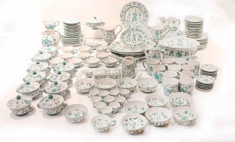 (127) Italian Hand Painted Porcelain Serving Set with Turquoise Peasant Village Pattern