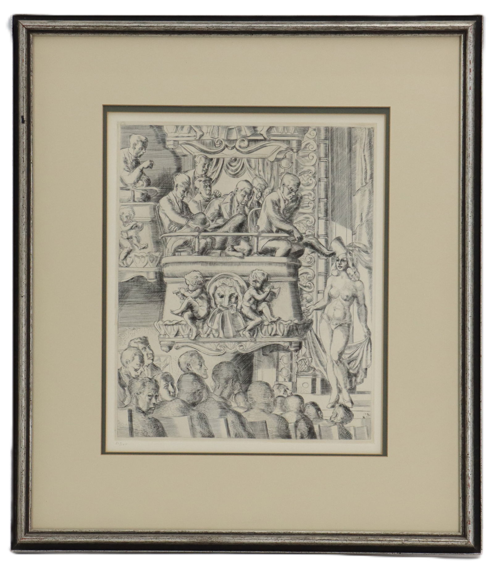 Reginald Marsh (1898-1954) American, Whitney Museum Edition Engraving, "Elfinge Follies": Reginald Marsh (1898-1954) American, Whitney Museum Edition Engraving, "Elfinge Follies". Numbered 81/100 in pencil. Initialed and dated in the plate lower right. Overall Size: 20 x 1