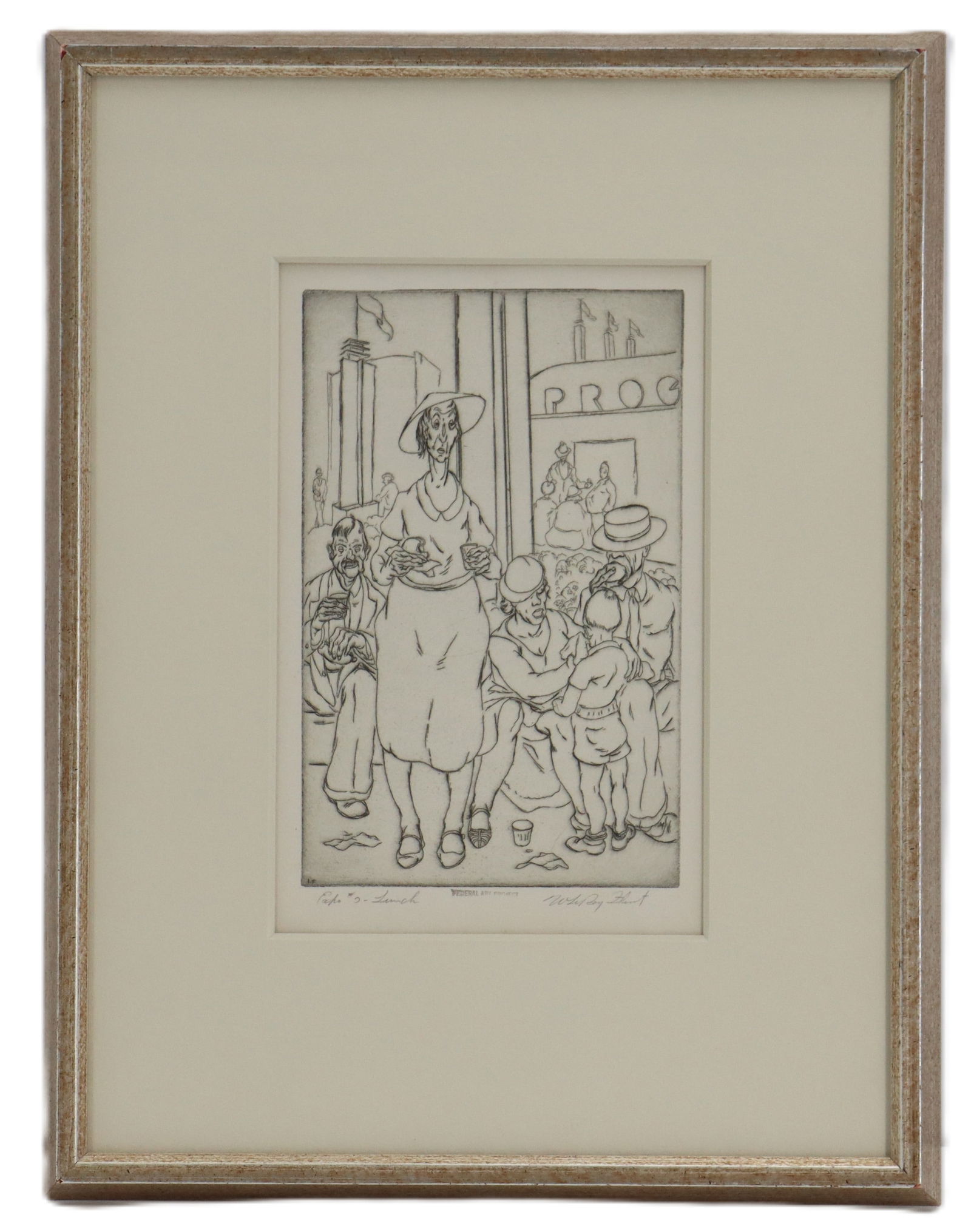 LeRoy Flint (1909-1991) American, 1938 Etching, "Exoi #3-Lunch": LeRoy Flint (1909-1991) American, 1938 Etching, "Exoi #3-Lunch". Signed and titled in pencil. Stamped Federal Art Project lower center. Overall Size: 16 1/2 x 12 3/4 in. Si