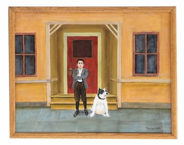 American School Vintage Original Painting of a Boy with Dog