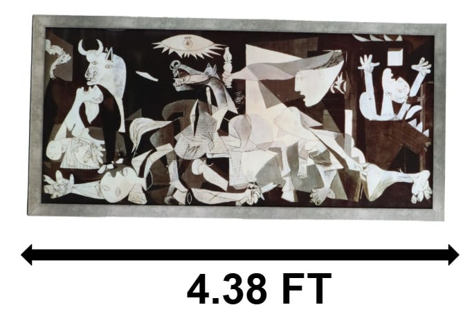 Picasso Print "Guernica" Picasso's 1937 Anti-War Masterpiece: Picasso Print "Guernica" Picasso's 1937 Anti-War Masterpiece. Overall Size: 25 x 52 1/2 in. Sight Size: 22 x 49 in. 