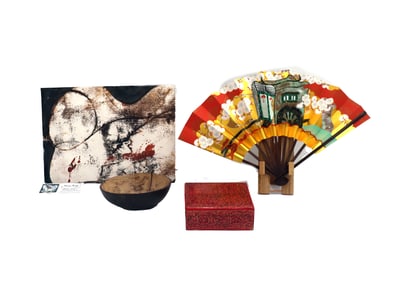 (4) Assorted Collection of Decorative Table Items - Fan, Dish, Paper, Box