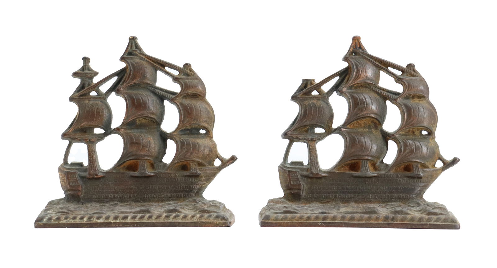 (2) Cast Iron Sailing Ship Bookends: (2) Cast Iron Sailing Ship Bookends. Pair of matched bookends in the form of sailing ships. Size: 5 1/2 x 5 1/2 x 2 in.
