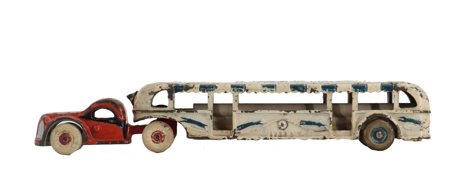 Cast Iron GMC Century of Progress Greyhound Bus Toy: Cast Iron GMC Century of Progress Greyhound Bus Toy. Red cab and a white bus body with blue accents. The bus body says "A Century of Progress Chicago 1933 Greyhound Lines" as well as a worn