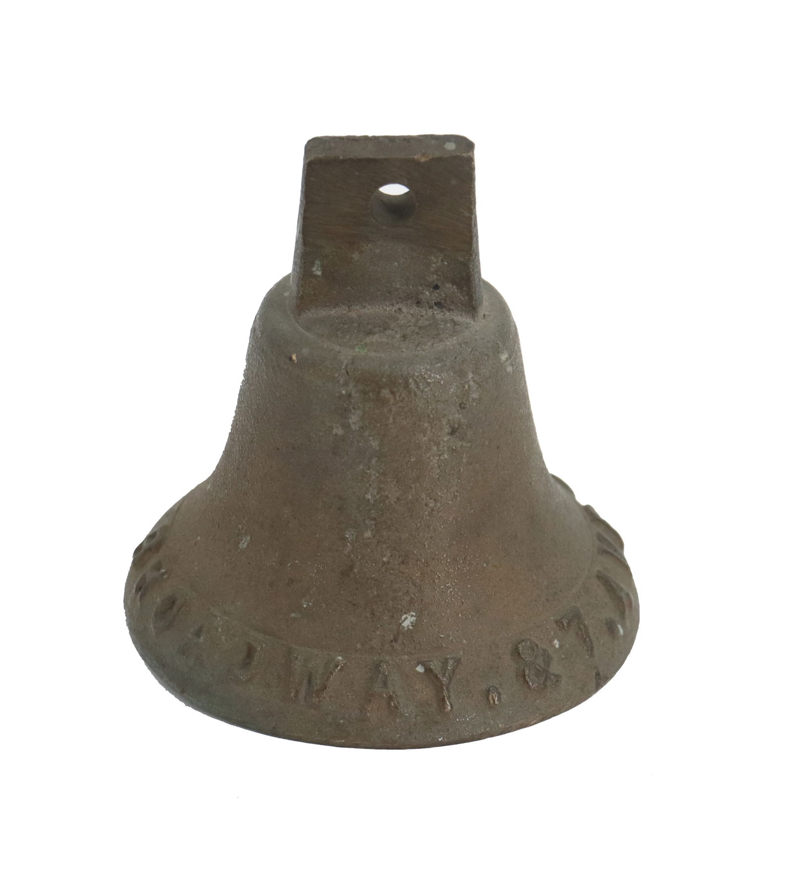 Antique Cast Iron Broadway & 7th Ave Railroad Horse Drawn Car Bell: Antique Cast Iron Broadway & 7th Ave Railroad Horse Drawn Car Bell. Marked around the lower edge, missing the handle. Size: 3 1/4 x 3 x 3 in. The Broadway & 7th Avenue line used&nb