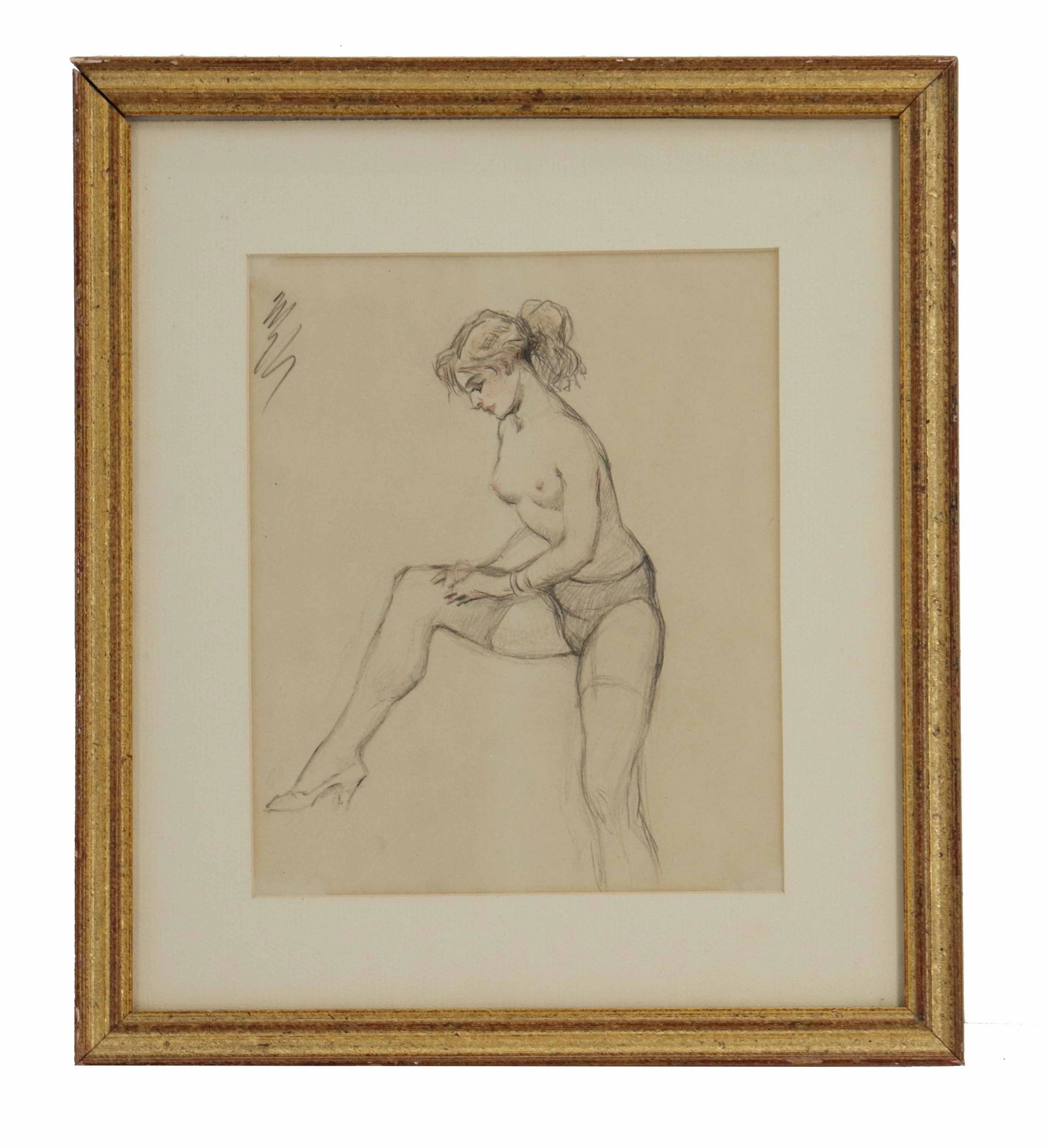 Style of Leon Kroll Vintage Original Drawing of a Semi-Nude Woman Removing Her Stocking: Style of Leon Kroll Vintage Original Drawing of a Semi-Nude Woman Removing Her Stocking. Indistinctly signed upper right. Overall Size: 15 3/4 x 13 1/4 in. Sight Size: 9 1/2 x 8 in.&n