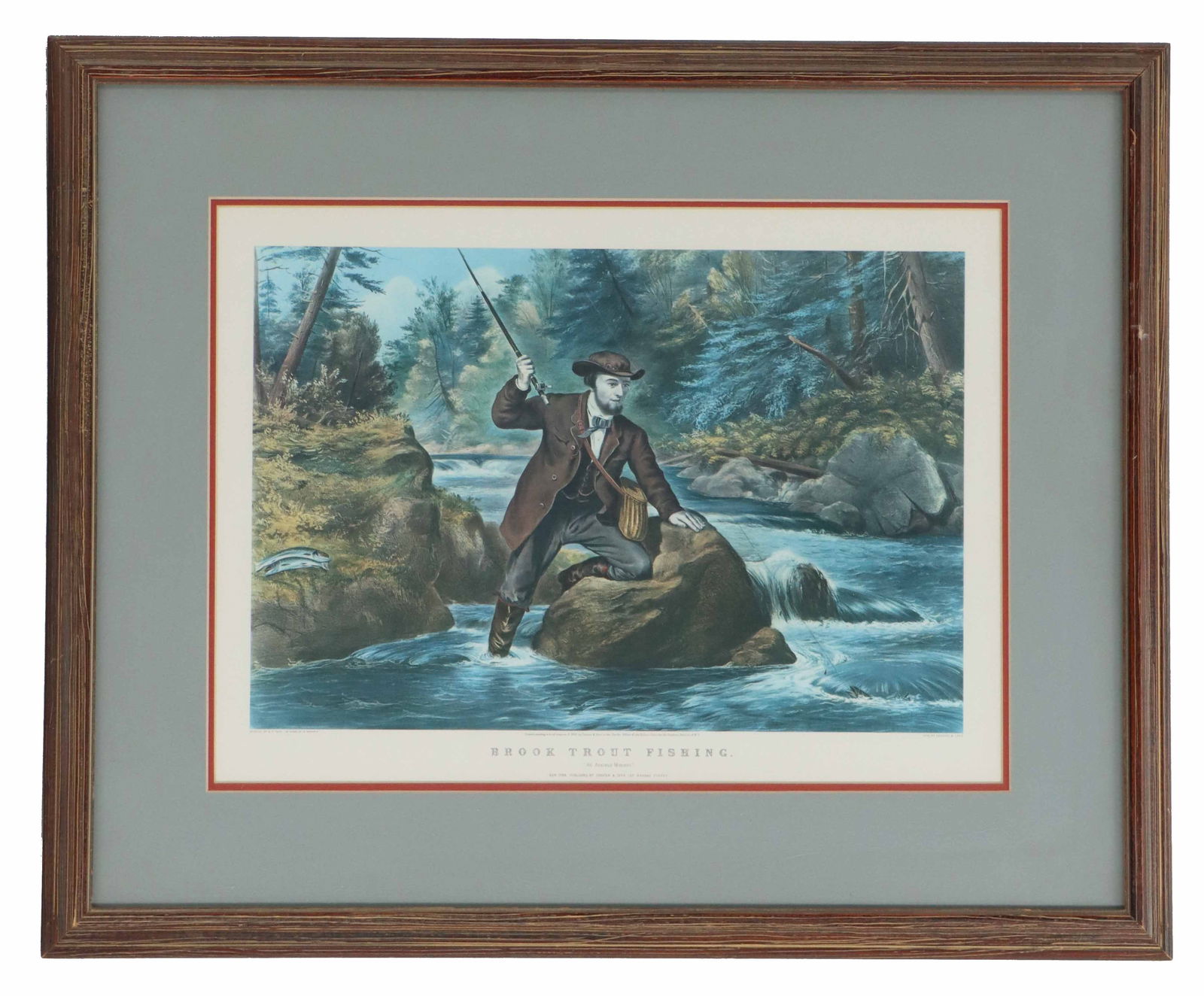 Currier & Ives Original Hand-Colored Lithograph of Brook Trout Fishing: Currier & Ives Original Hand-Colored Lithograph of Brook Trout Fishing. Lithograph of a painting by Arthur Fitzwilliam Tait (1819-1905). Beginning in 1852 Currier & Ives made lithographs of pa