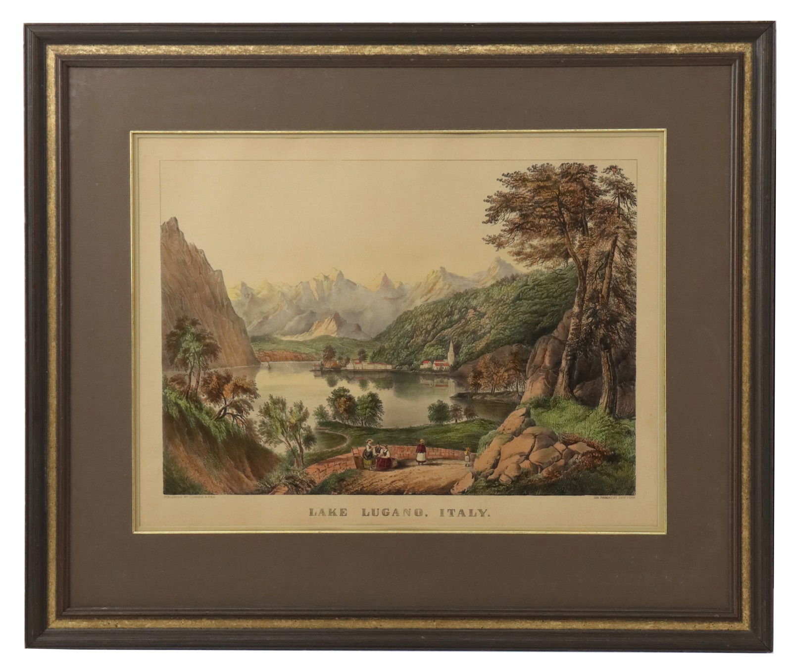 Currier & Ives Color Lithograph "Lake Lugano, Italy" Circa 1873: Currier & Ives Color Lithograph "Lake Lugano, Italy" Circa 1873. Overall Size: 30 1/4 x 36 in. Sight Size: 19 x 24 1/2 in. 