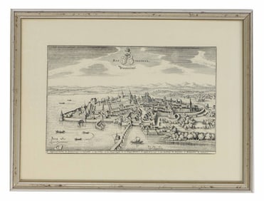 Matthaus Merian (1593-1650) Swiss, 17th C. Engraving "The City of Rapperswil, Switzerland"