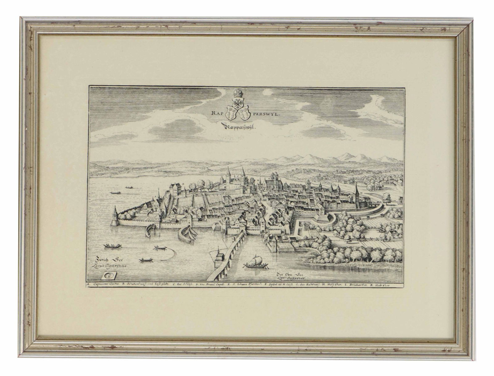 Matthaus Merian (1593-1650) Swiss, 17th C. Engraving "The City of Rapperswil, Switzerland" (1 of 10)