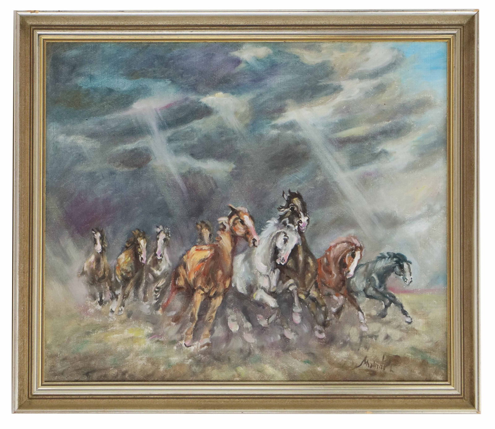 George Molnar (Born 1953) American, Oil on Canvas Impressionist Equine Landscape: George Molnar (Born 1953) American, Oil on Canvas Impressionist Equine Landscape. Oil painting depicting a herd of wild horses running dramatically under a stormy, yet partially sunlit, sky. The artwo