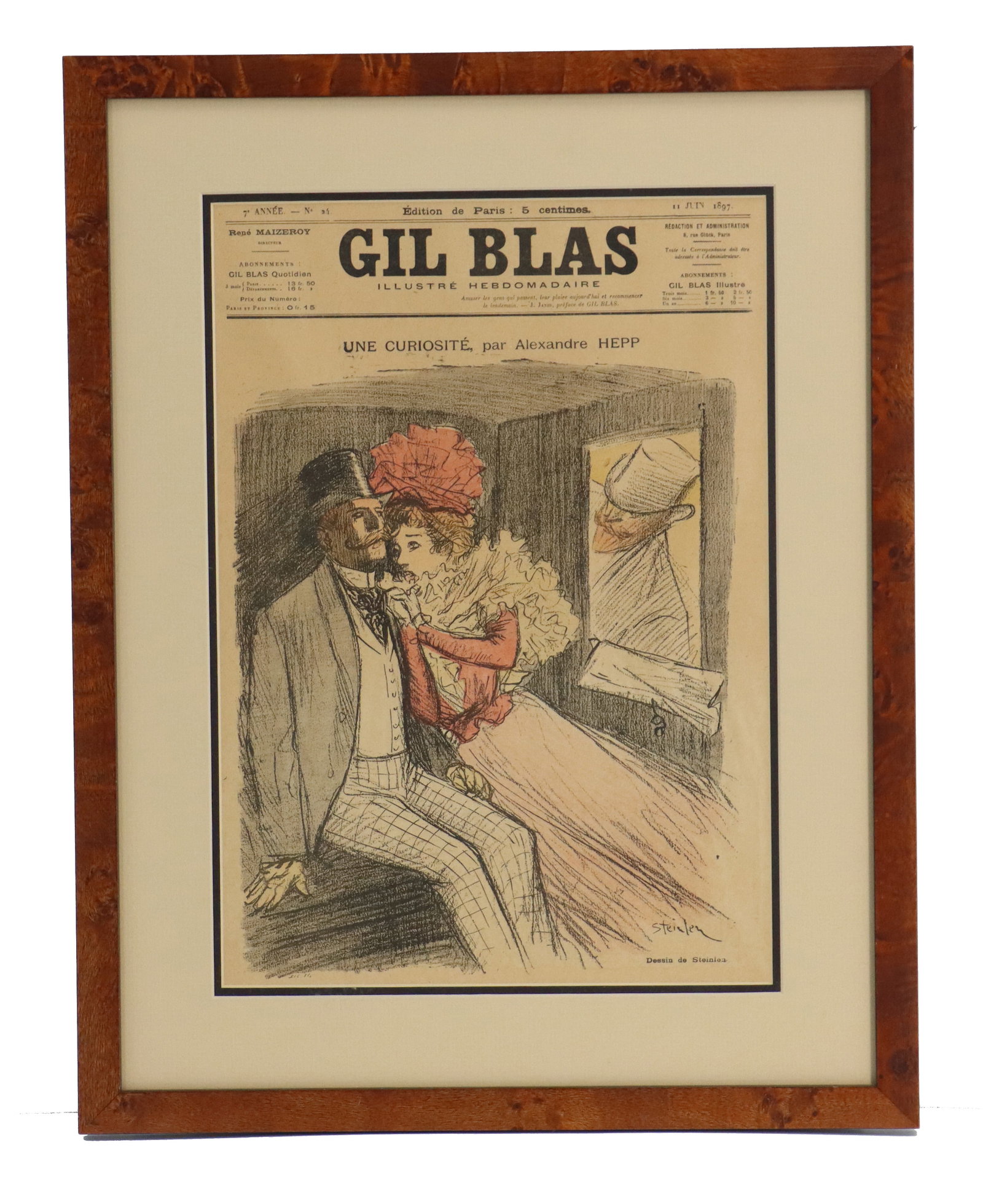 Framed Gil Blas Illustre Hebdomadaire June 1897 Magazine Cover: Framed Gil Blas Illustre Hebdomadaire June 1897 Magazine Cover. Titled "Une Curiosite, par Alexandre Hepp". Framed cover illustration from the June 11, 1897 publication of Gil Blas.&nbs