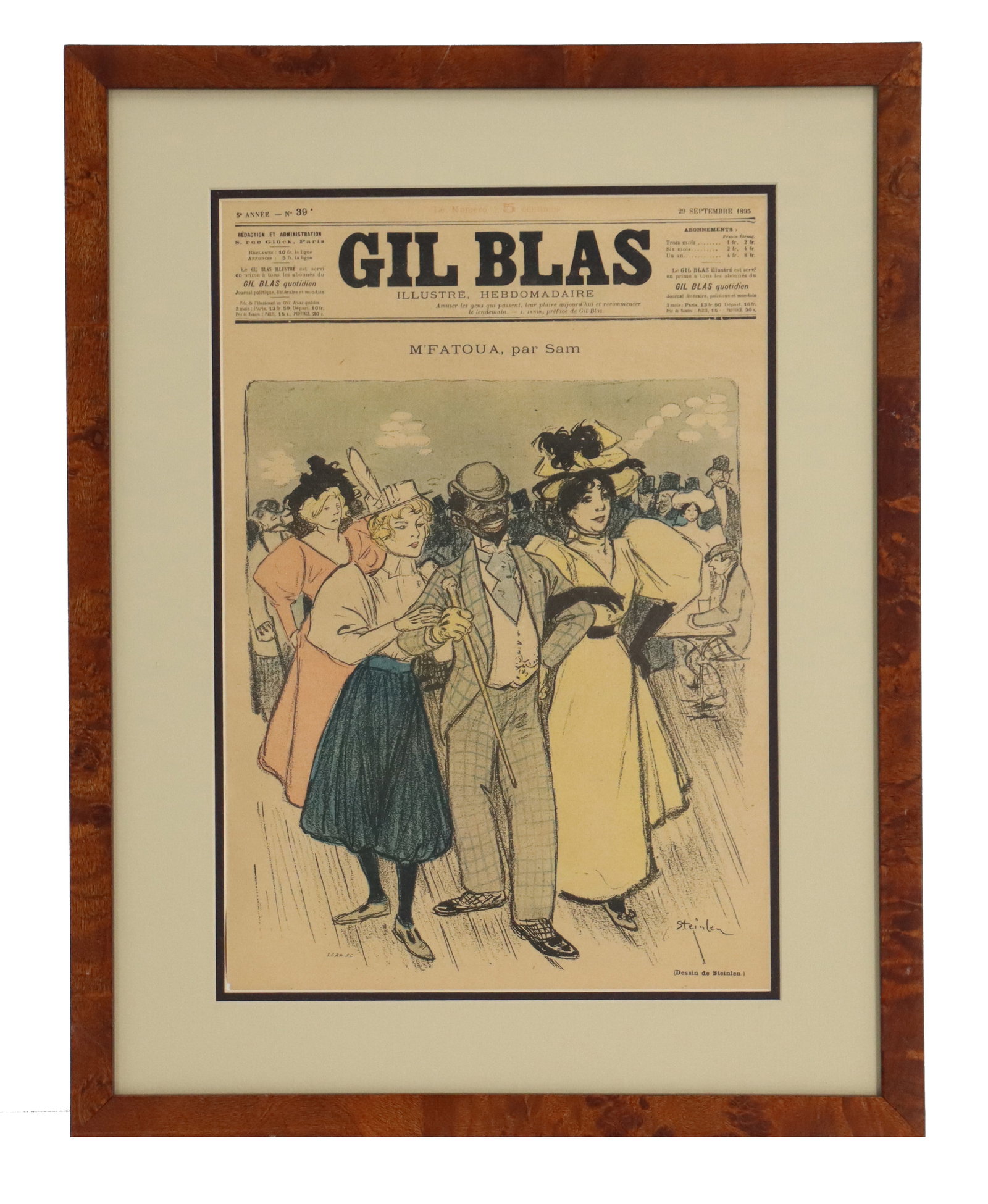 Framed Gil Blas Illustre Hebdomadaire September 1895 Magazine Cover: Framed Gil Blas Illustre Hebdomadaire September 1895 Magazine Cover. Titled "M'Fatoua, par Sam." Framed cover illustration from the September 29, 1894 publication of Gil Blas.&