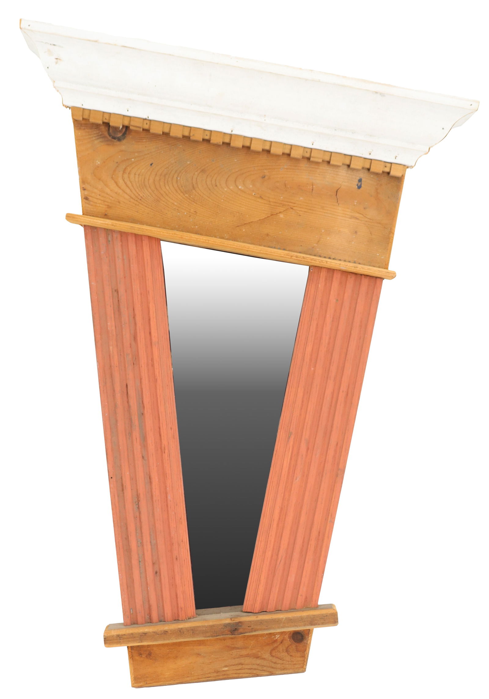 Folk Art Wall Mirror: Folk Art Wall Mirror. Inverted trapezoid shape. Uppermost part of the frame is a substantial piece of white architectural molding. Flanking the central mirror are two angled panels, one on each