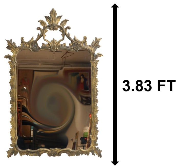 Italian Palladio Ornate and Gilded Mirror: Italian Palladio Ornate and Gilded Mirror. Label on back. Elaborate scrollwork and a prominent acanthus leaf crest at the top. Size: 30 x 46 in. 