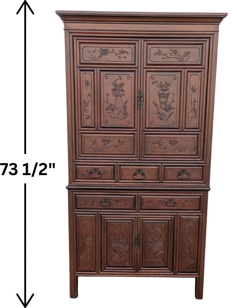 Antique Carved Mahogany and Brass Two Piece Dresser Armoire: Antique Carved Mahogany and Brass Two Piece Dresser Armoire. The top section opens up into a large space with a shelf in the middle, and three small drawers below. The bottom section has two drawers