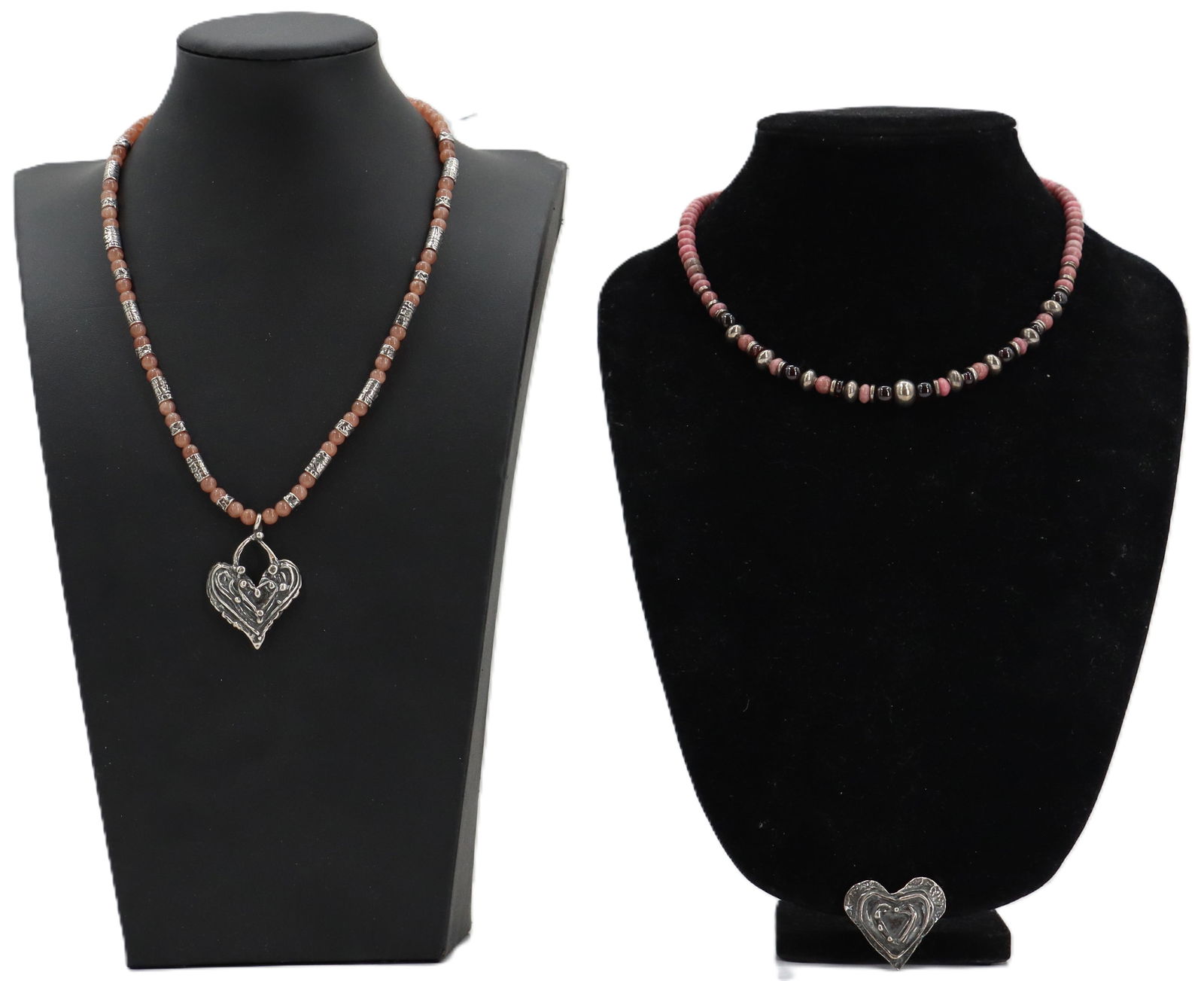 (2) Necklaces and (1) Brooch: (2) Necklaces and (1) Brooch. Sterling silver and rhodochrosite beads on both necklaces. Stylized heart brooch. Longest Length: 20 in. Weight of brooch: 0.290 ozt. 