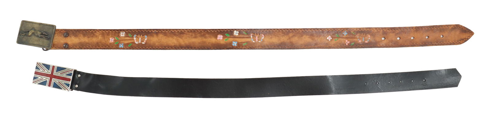(2) Hand-Made Leather Women's Belts with Union Jack and Greyhound Metal Buckles (1 of 11)