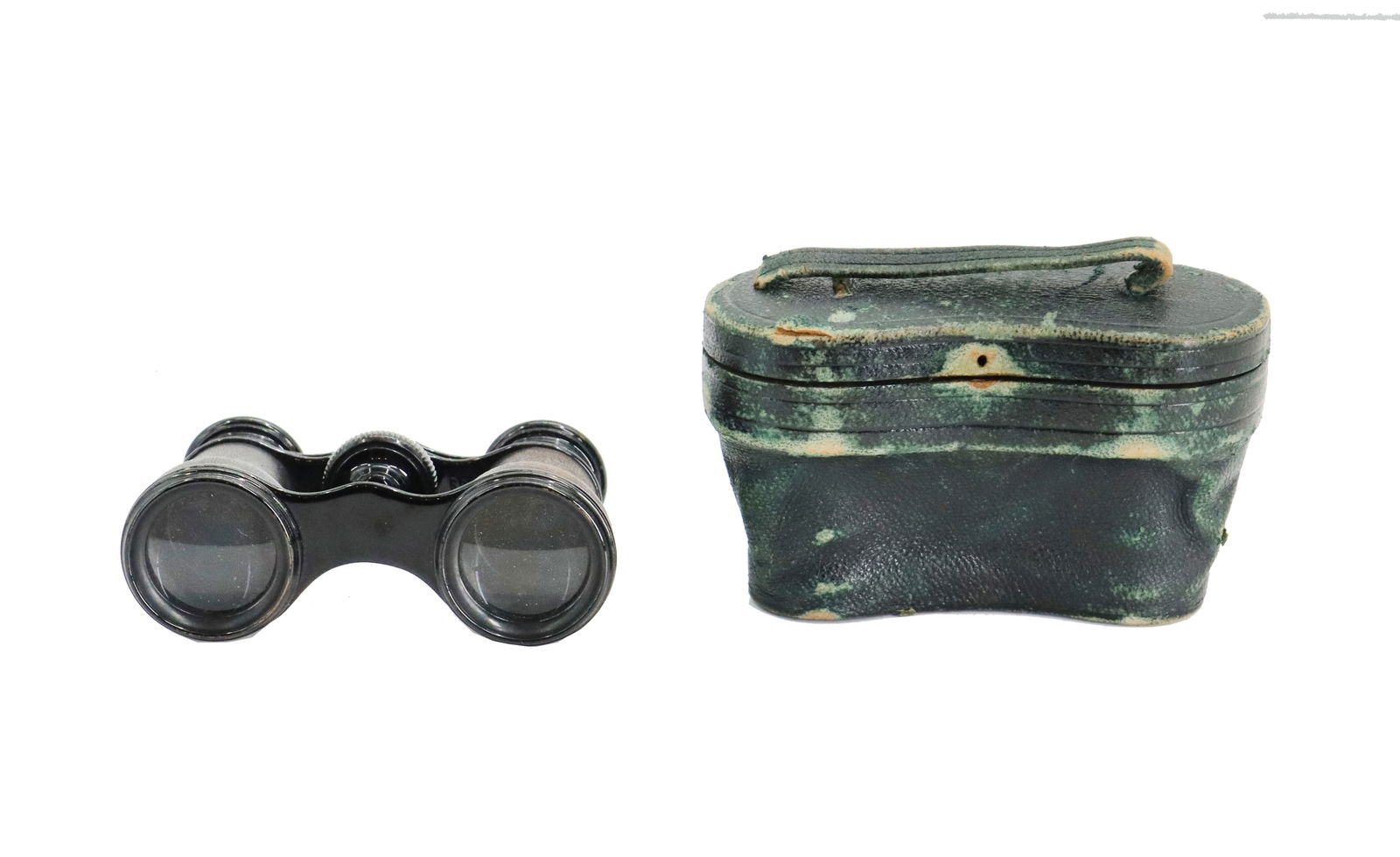 Mermod & Jaccard Jewelry Co. Opera Glasses with Original Case: Mermod & Jaccard Jewelry Co. Opera Glasses with Original Case. Pair of vintage black opera glasses alongside its original dark green, textured leather carrying case featuring a small handle and