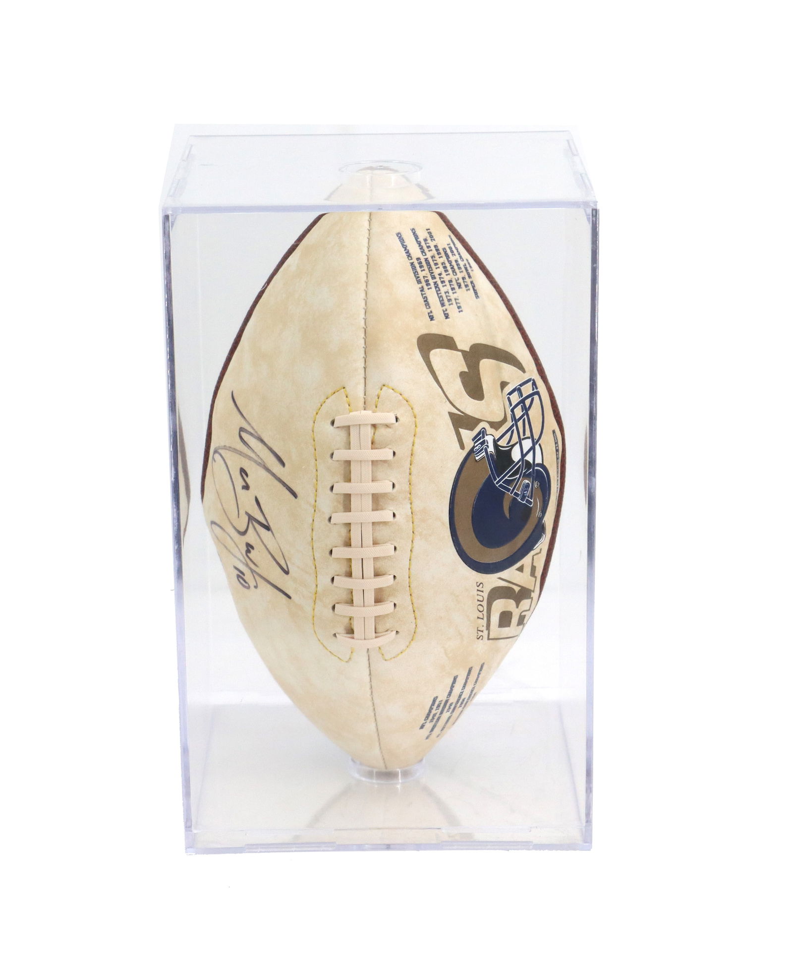 Marc Bulger Signed St. Louis Rams Commemorative Football: Marc Bulger Signed St. Louis Rams Commemorative Football. Part of a limited edition "Series 4A" production of 25,000 units. In a protective glass case. Size: 11 1/2 x 7 3/4 x 7 1/4