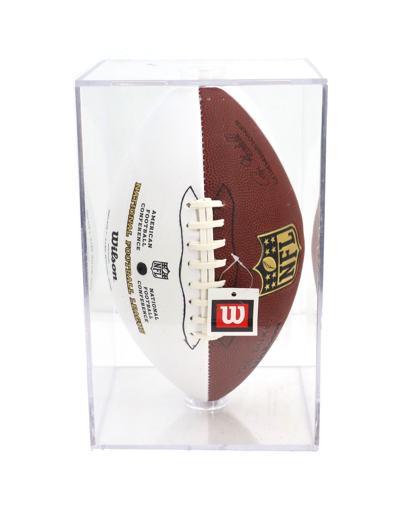 Sam Bradford Autographed Football in Clear Acrylic Case: Sam Bradford Autographed Football in Clear Acrylic Case. The signature is on the National Football League leather ball half white and half the natural brown. Sam Bradford was famous as the