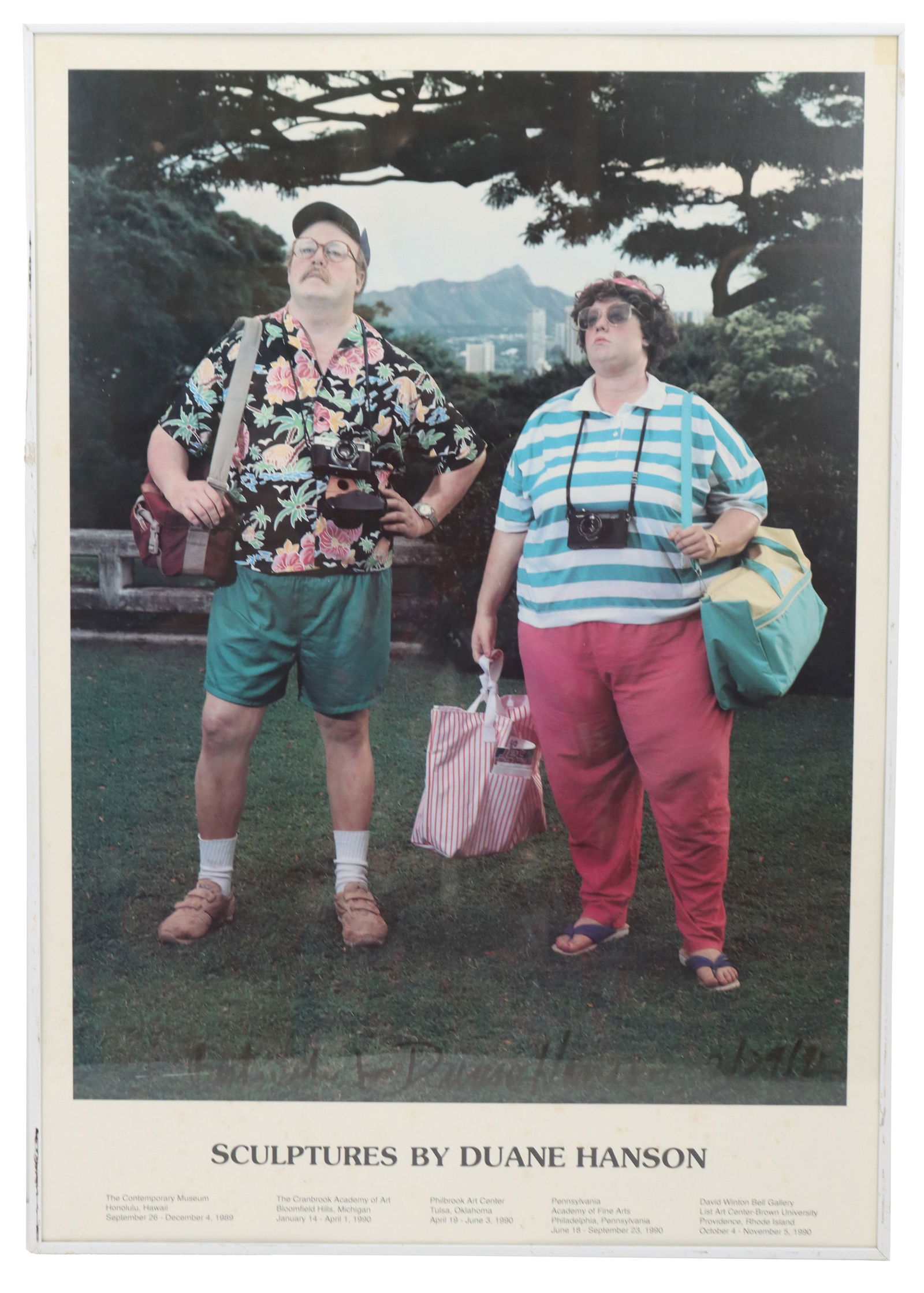 Duane Hanson (1925-1996) American, Signed Touring Exhibition Poster: Duane Hanson (1925-1996) American, Signed Touring Exhibition Poster. Depicts two of the artist's stunningly lifelike figures as bored tourists in a tropical paradise. Signed along bottom of
