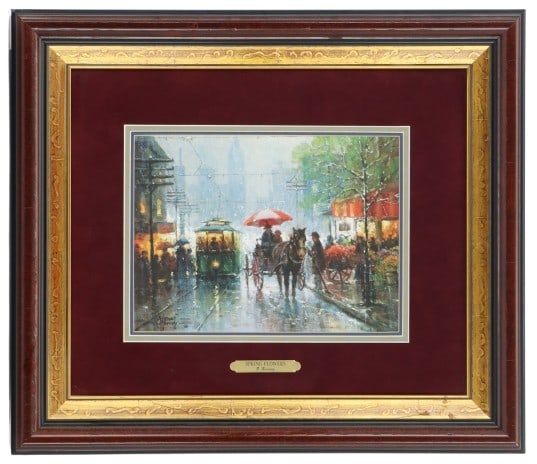 G. Harvey (1933-2017) American, Signed Limited Edition Lithograph: G. Harvey (1933-2017) American, Signed Limited Edition Lithograph. Shows the streets of New York City in the rain with a cable car and horse-drawn cart oncoming. Signed in print lower left.