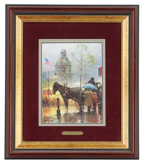 G. Harvey (1933-2017) American, Signed Limited Edition Giclee: G. Harvey (1933-2017) American, Signed Limited Edition Giclee. Depicts a rainy day in an American city, with a horse-drawn cart in the foreground. Signature in print lower left. Signed and