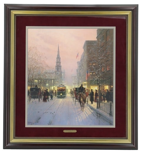 G. Harvey (1933-2017) American, Signed Limited Edition Christmas Giclee: G. Harvey (1933-2017) American, Signed Limited Edition Christmas Giclee. Depicts snow-covered streets in an American city with a streetcar and horse-drawn carriages traversing the area. Signature 