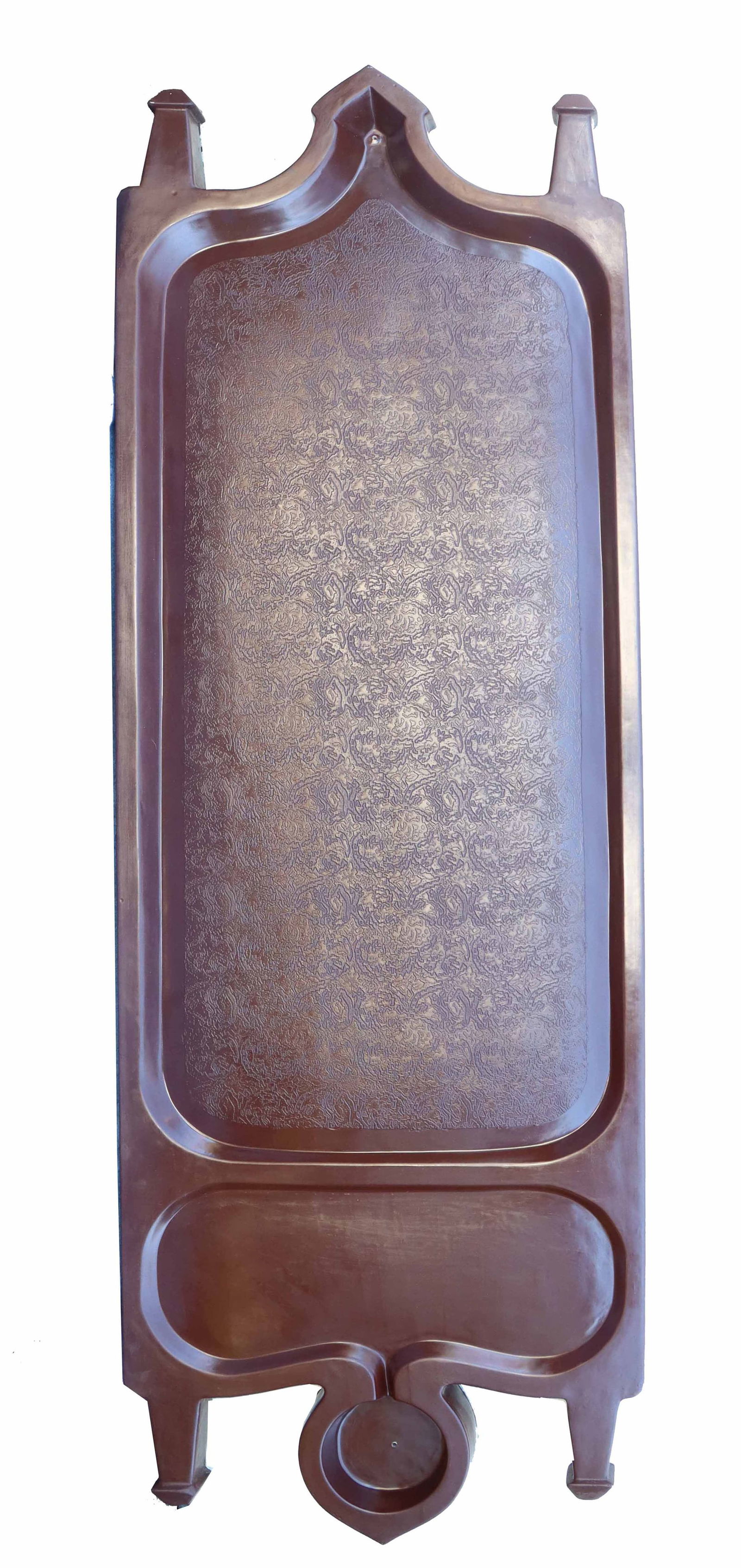 Vintage Indian Dharapathi Ayurvedic Wooden Massage Table: Vintage Indian Dharapathi Ayurvedic Wooden Massage Table. Lacquered in a rich brown color, with intricate patterning on the base. Size: 100 x 31 1/2 x 5 1/2 in. A Dharapathi Ayurvedic Mass