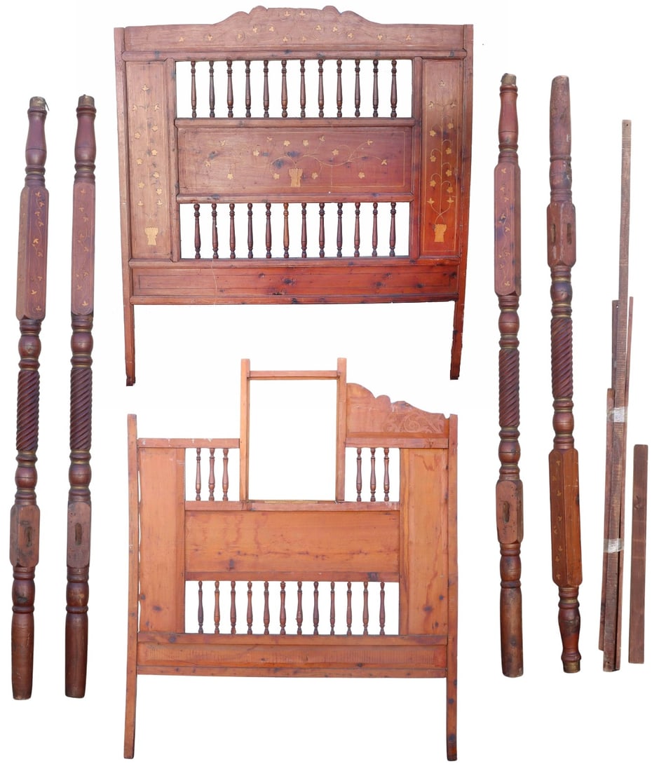 Antique Moroccan Hand-Carved Mahogany Four Poster Bed with Inlaid Decorations (1 of 8)