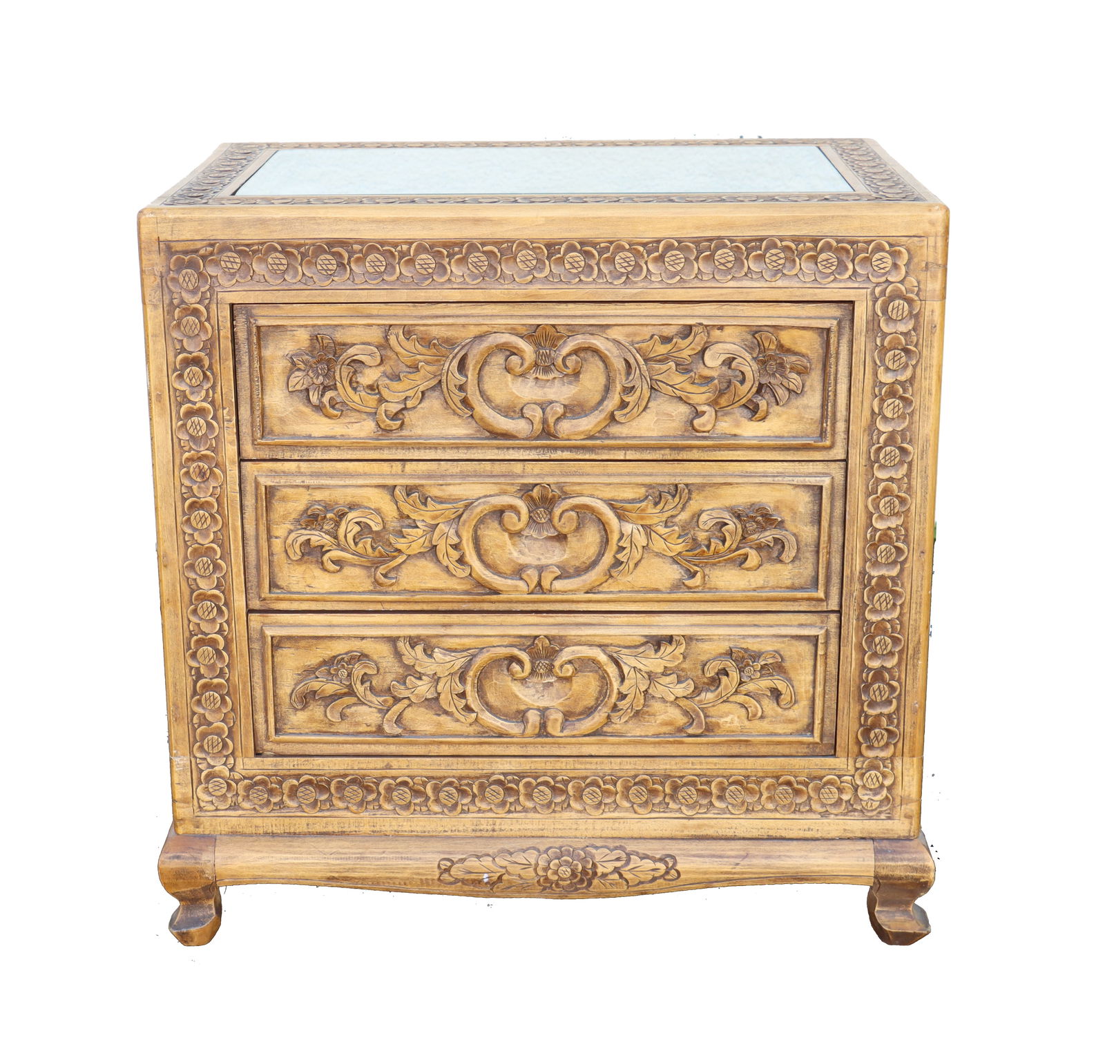 Chinese Carved Wood and Glass Top Chest of Drawers (1 of 15)