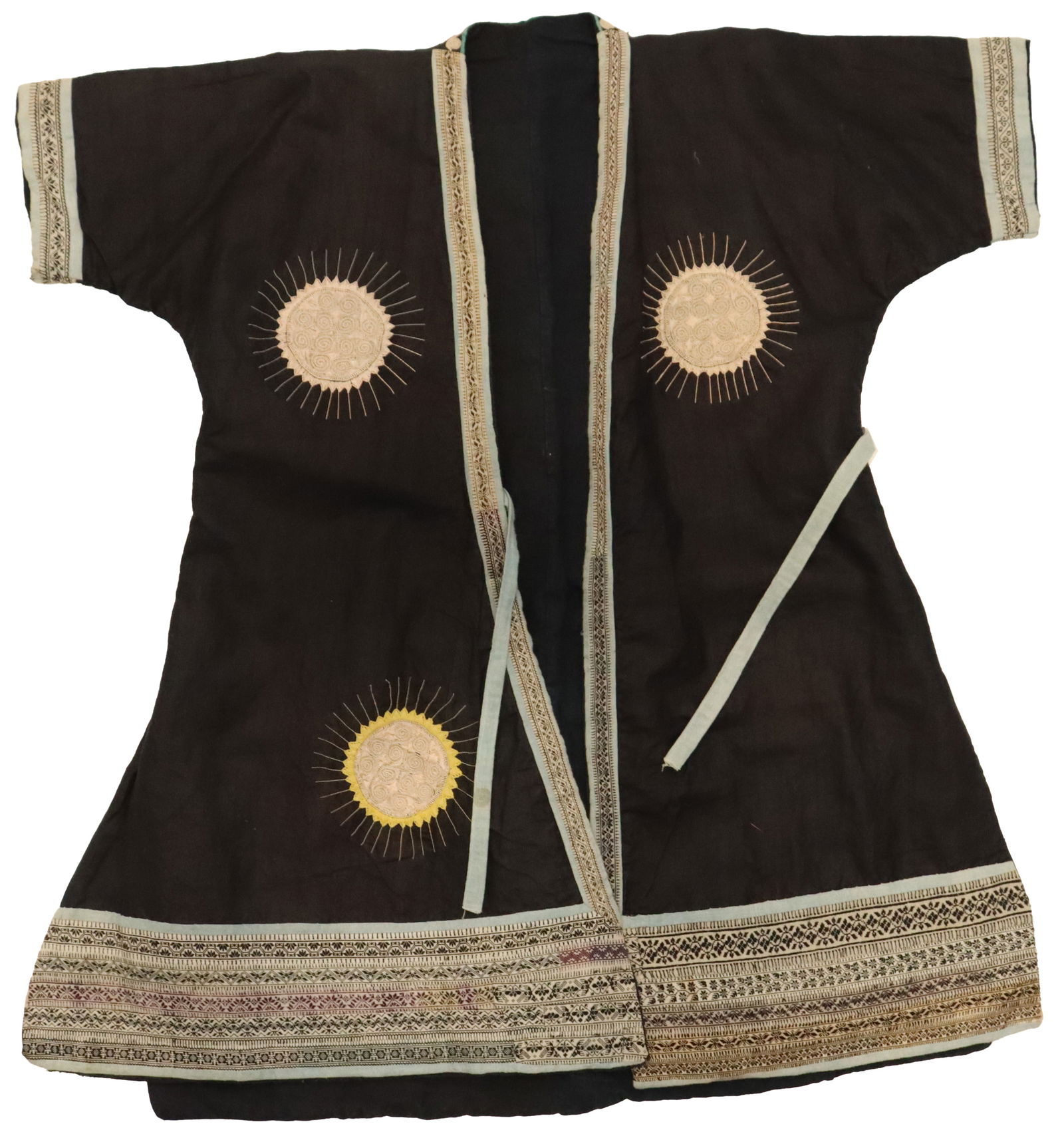 Small Asian Hmong Embroidered jacket: Small Asian Hmong Embroidered jacket. Black with cream-toned borders and sun patterns throughout.Size: 32 x 36 in. The Hmong people are a distinct ethnic minority group with origins