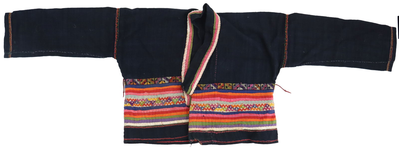 Vintage Southeast Asian Akha Hill Tribe Women's Cotton Jacket: Vintage Southeast Asian Akha Hill Tribe Women's Cotton Jacket. A deep blue base with striking colorful stripes across the bottom and along the collar. Size: 46 x 15 1/4