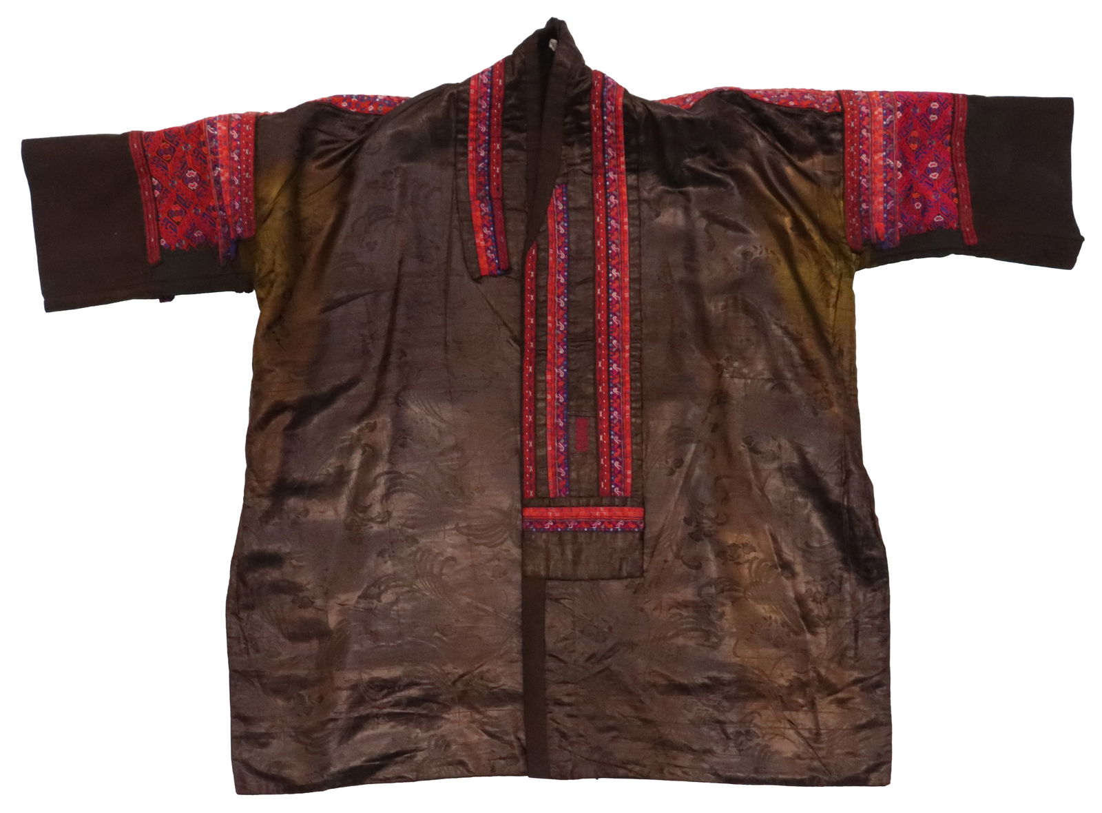 Small Asian Hmong Embroidered jacket: Small Asian Hmong Embroidered jacket. Rich black and red tones throughout. Size: 37 x 30 in. The Hmong people are a distinct ethnic minority group with origins in China, although