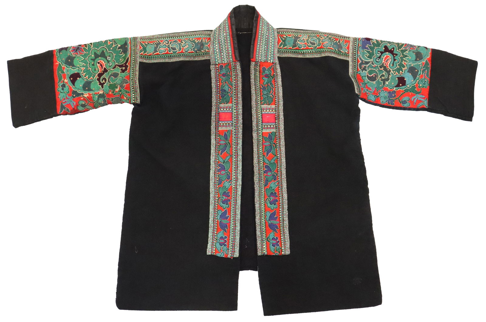 Important Chinese Miao Embroidered Women's Jacket: Important Chinese Miao Embroidered Women's Jacket. Open-front textile jacket or tunic, characterized by its predominantly black fabric body and highly ornate, contrasting textile applications.