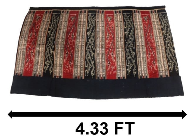 Laotian Ikat Pha Sinh Handwoven Hip Cloth: Laotian Ikat Pha Sinh Hip Cloth. The garment, made for women to wrap around their hips, has alternating red, white, and black stripes with dragon patterns in their traditional designs. Size:&nbs