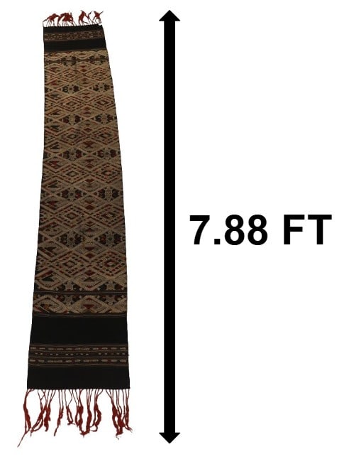 Southeast Asian Tai Daeng Pha Bieng Silk Shoulder Sash: Southeast Asian Tai Daeng Pha Bieng Silk Shoulder Sash. Long red tassles at the ends, darkers borders, and a busy midsection with repeating varied diamond shapes in reds, blacks, and cream tones. 