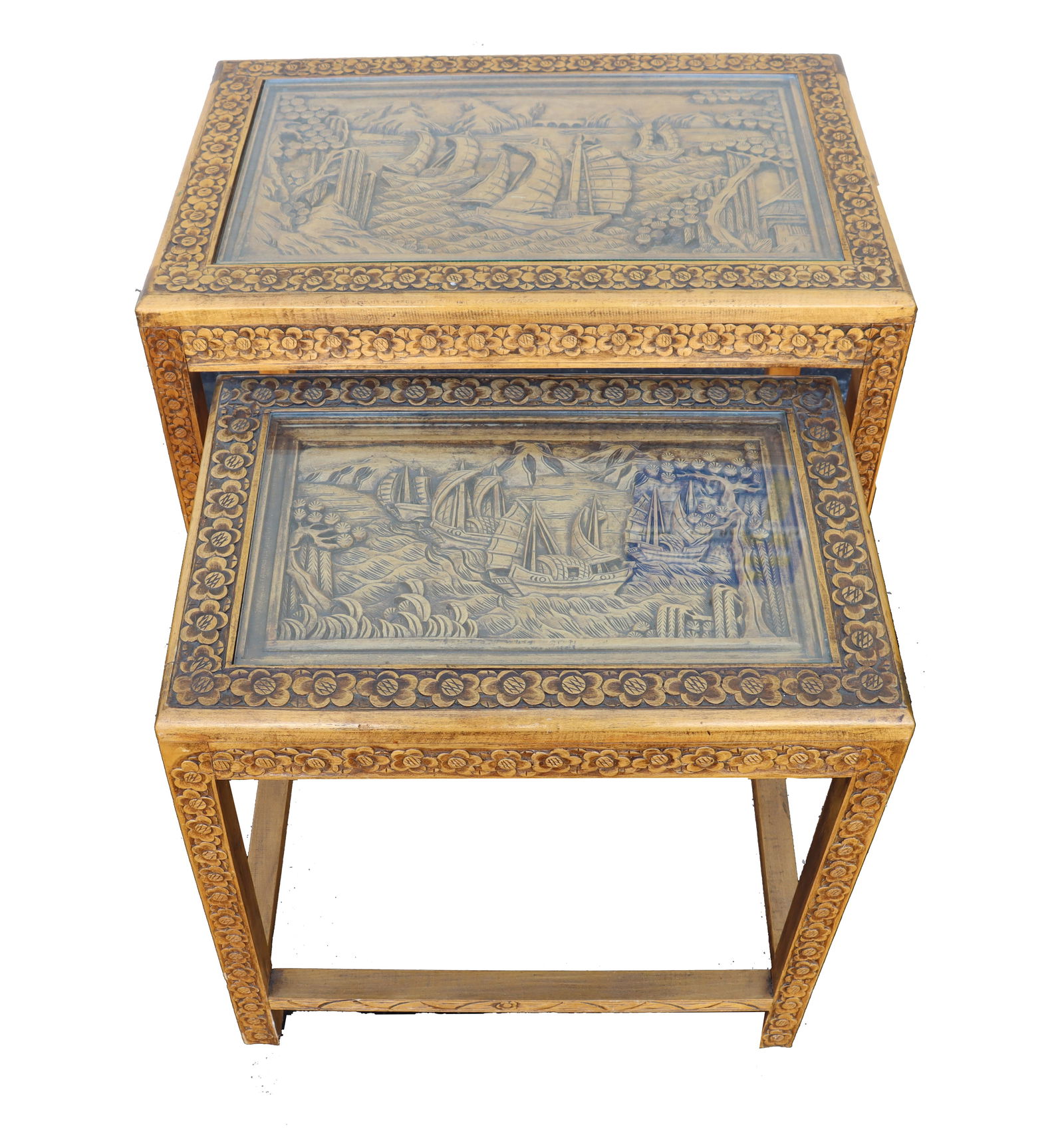 (2) Chinese Carved Wood and Glass Top Nesting Tables (1 of 12)