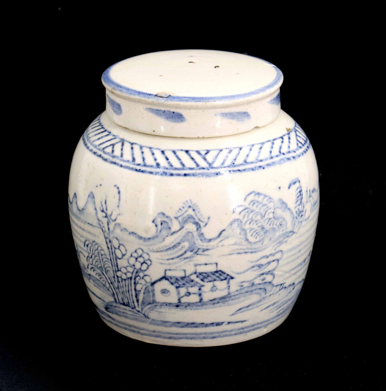 Chinese Import Ceramic Blue and White Jar: Chinese Import Ceramic Blue and White Jar. Features a traditional hand-painted "Canton" landscape motif, characterized by serene mountain peaks, winding rivers, and small rural houses. 