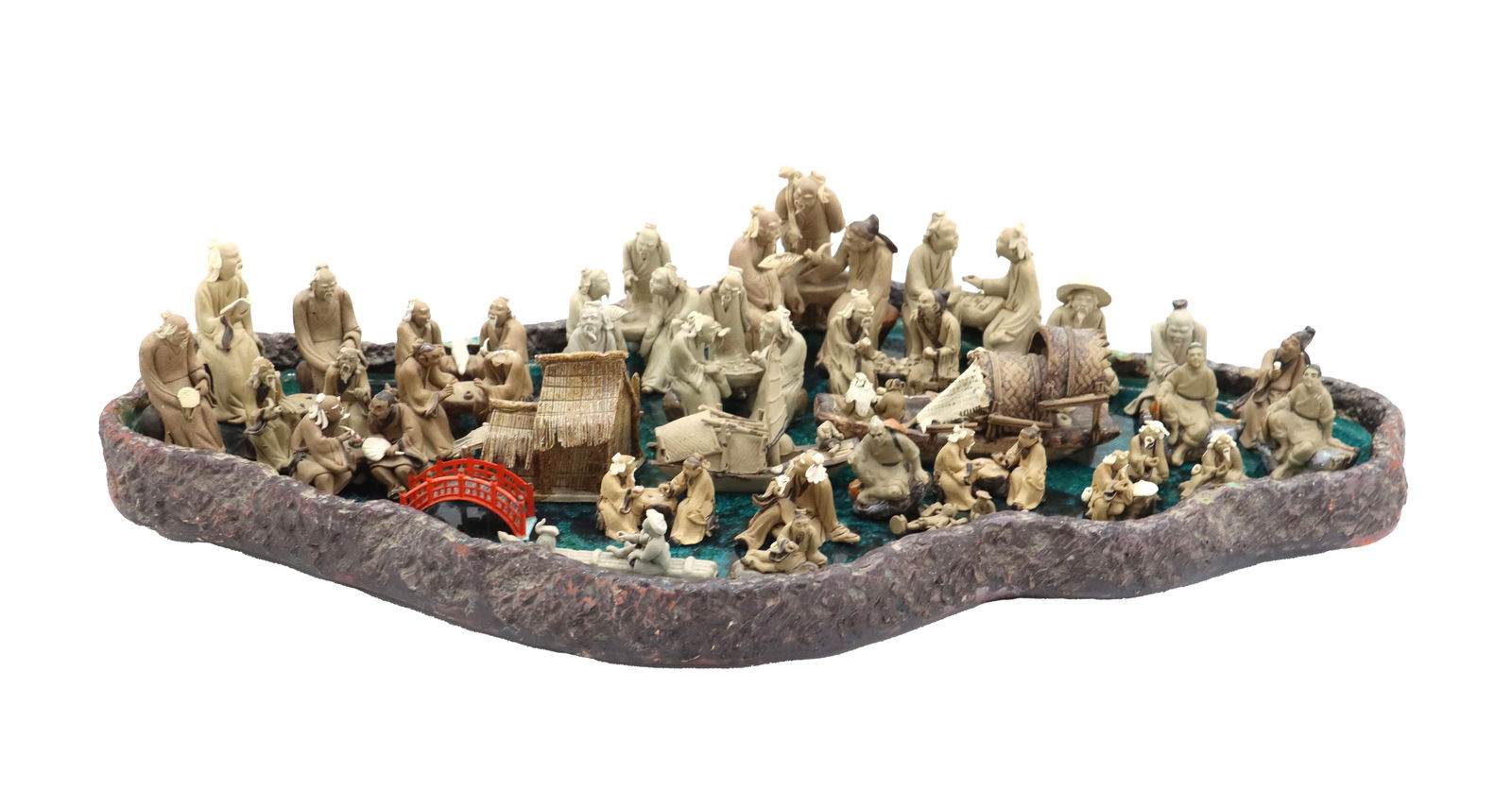 (35) Contemporary Chinese Mudmen Figurines on Glazed Pottery Display: (35) Contemporary Chinese Mudmen Figurines on Glazed Pottery Display. Large collection of Chinese mudmen figurines and miniature environmental decorations on large blue-green lake-like glazed pottery